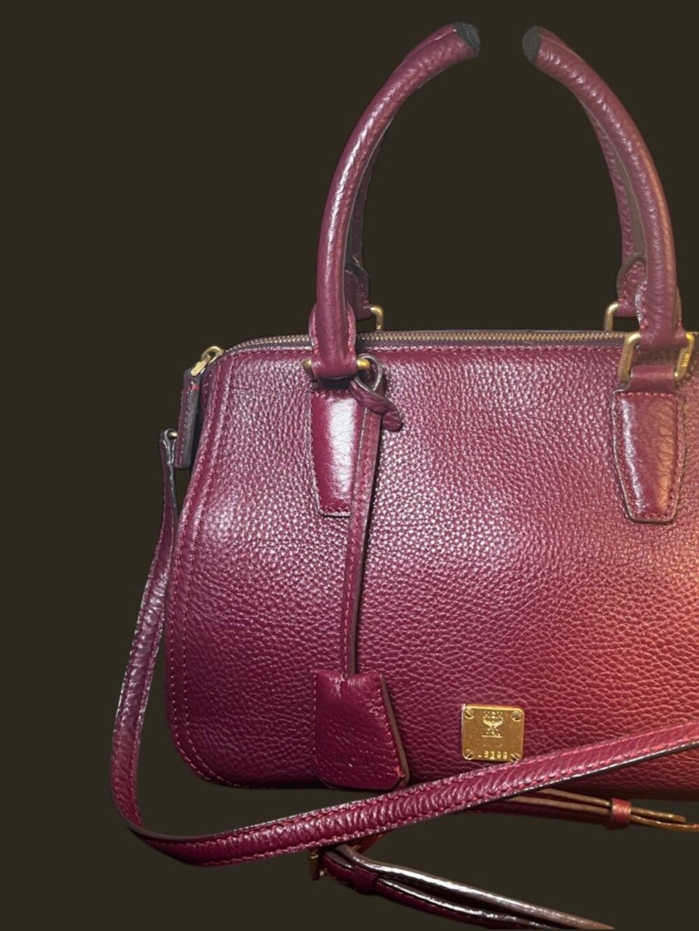 MCM München Burgundy Pebbled Leather Boston Satchel Crossbody Bag Gold Hardware - Picture 5 of 14
